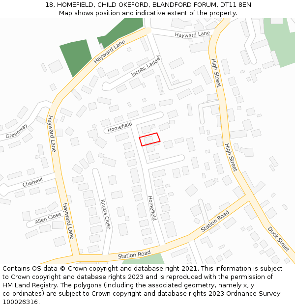 18, HOMEFIELD, CHILD OKEFORD, BLANDFORD FORUM, DT11 8EN: Location map and indicative extent of plot