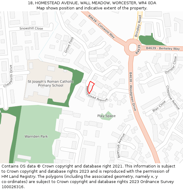 18, HOMESTEAD AVENUE, WALL MEADOW, WORCESTER, WR4 0DA: Location map and indicative extent of plot