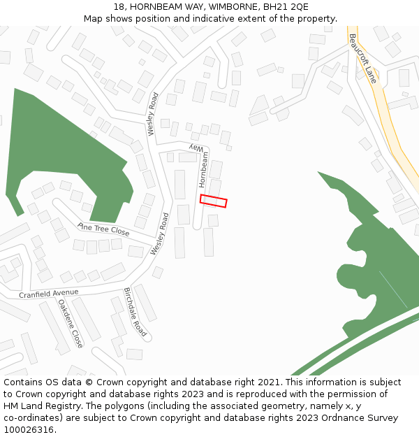 18, HORNBEAM WAY, WIMBORNE, BH21 2QE: Location map and indicative extent of plot