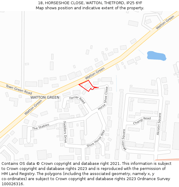 18, HORSESHOE CLOSE, WATTON, THETFORD, IP25 6YF: Location map and indicative extent of plot