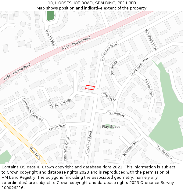 18, HORSESHOE ROAD, SPALDING, PE11 3FB: Location map and indicative extent of plot