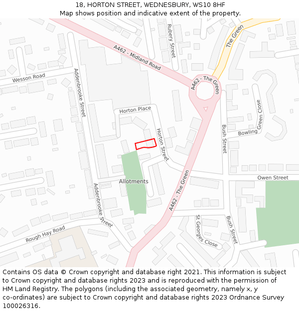 18, HORTON STREET, WEDNESBURY, WS10 8HF: Location map and indicative extent of plot