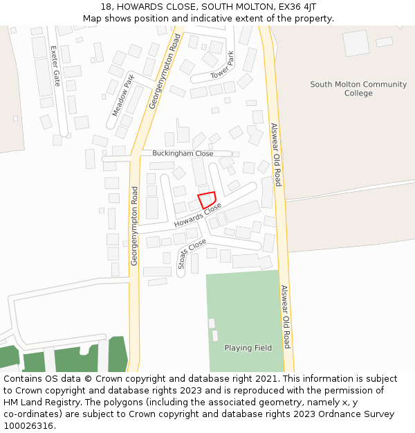 18, HOWARDS CLOSE, SOUTH MOLTON, EX36 4JT: Location map and indicative extent of plot