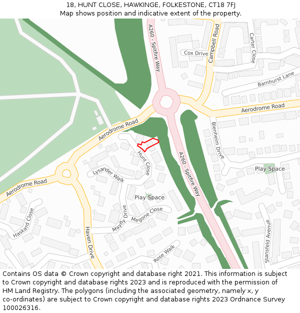 18, HUNT CLOSE, HAWKINGE, FOLKESTONE, CT18 7FJ: Location map and indicative extent of plot