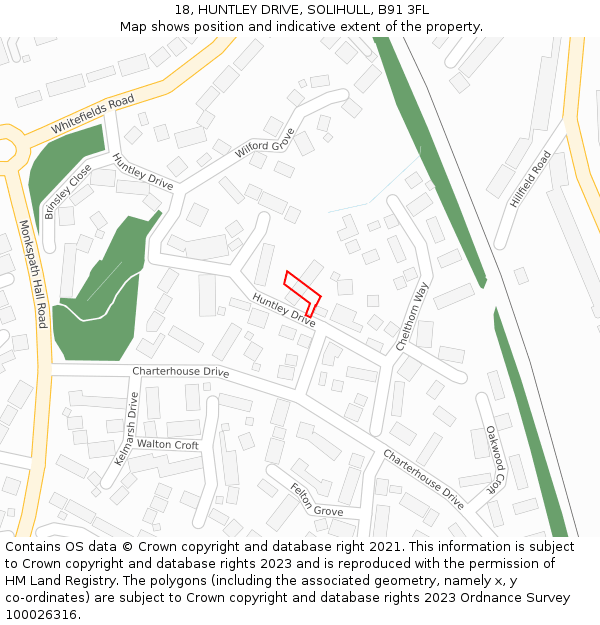 18, HUNTLEY DRIVE, SOLIHULL, B91 3FL: Location map and indicative extent of plot