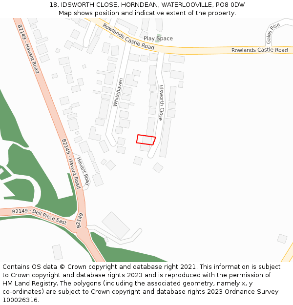 18, IDSWORTH CLOSE, HORNDEAN, WATERLOOVILLE, PO8 0DW: Location map and indicative extent of plot