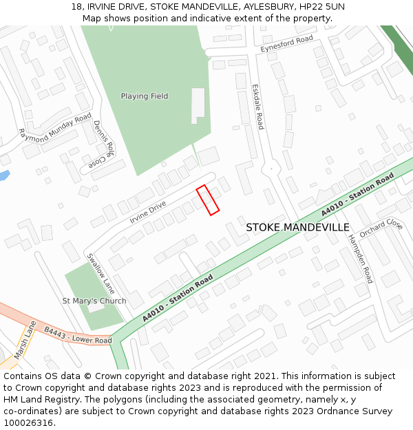 18, IRVINE DRIVE, STOKE MANDEVILLE, AYLESBURY, HP22 5UN: Location map and indicative extent of plot