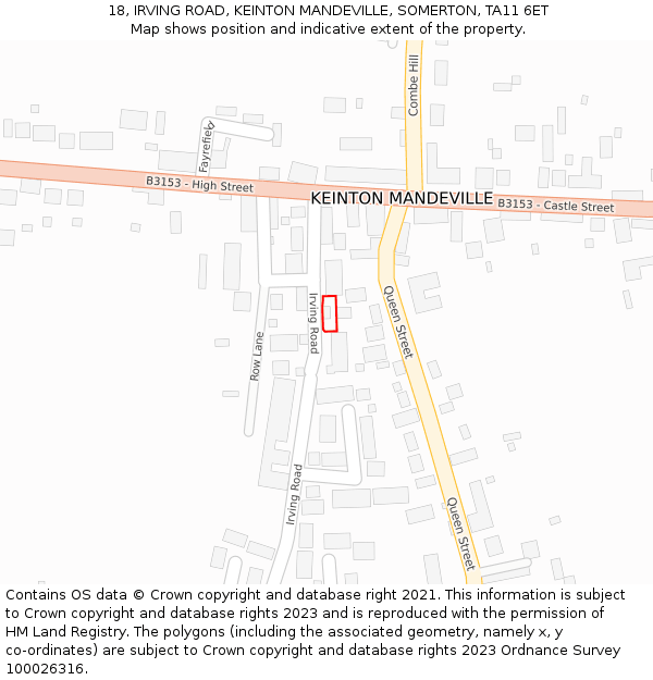 18, IRVING ROAD, KEINTON MANDEVILLE, SOMERTON, TA11 6ET: Location map and indicative extent of plot