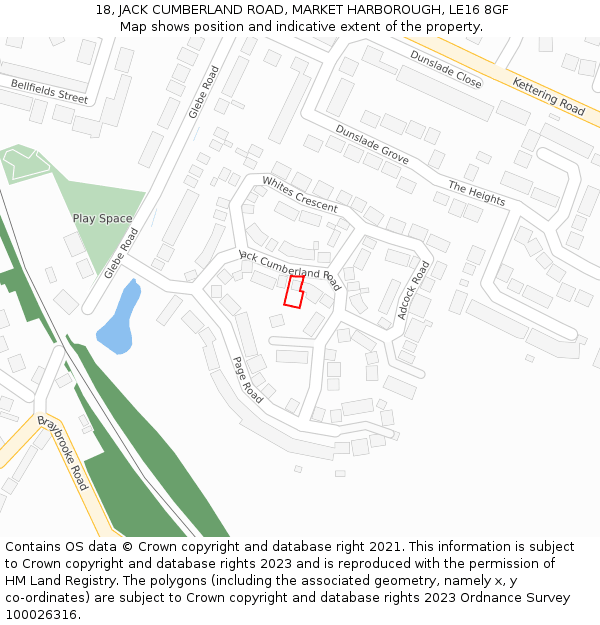 18, JACK CUMBERLAND ROAD, MARKET HARBOROUGH, LE16 8GF: Location map and indicative extent of plot