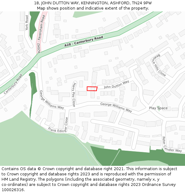 18, JOHN DUTTON WAY, KENNINGTON, ASHFORD, TN24 9PW: Location map and indicative extent of plot