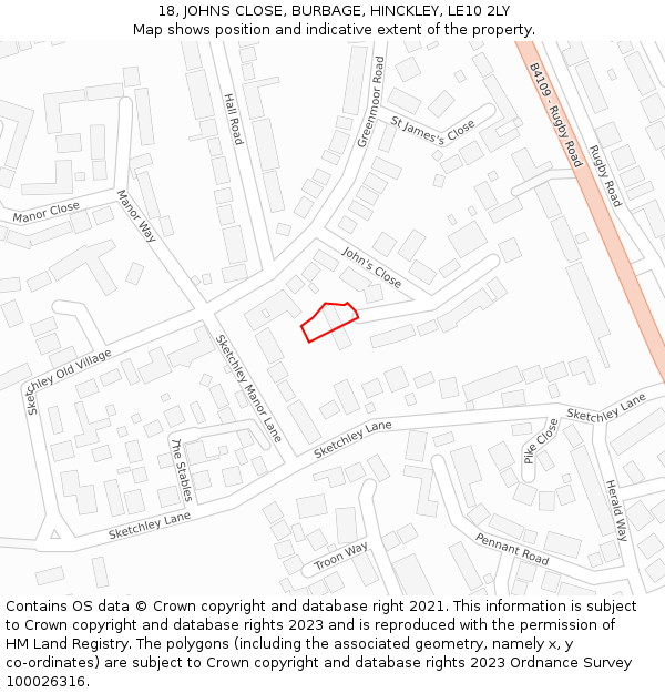 18, JOHNS CLOSE, BURBAGE, HINCKLEY, LE10 2LY: Location map and indicative extent of plot