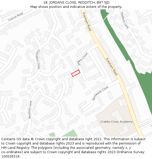 18, JORDANS CLOSE, REDDITCH, B97 5JD: Location map and indicative extent of plot