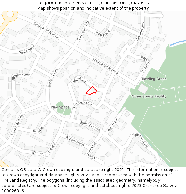 18, JUDGE ROAD, SPRINGFIELD, CHELMSFORD, CM2 6GN: Location map and indicative extent of plot