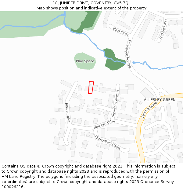 18, JUNIPER DRIVE, COVENTRY, CV5 7QH: Location map and indicative extent of plot