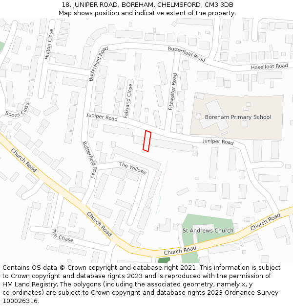 18, JUNIPER ROAD, BOREHAM, CHELMSFORD, CM3 3DB: Location map and indicative extent of plot