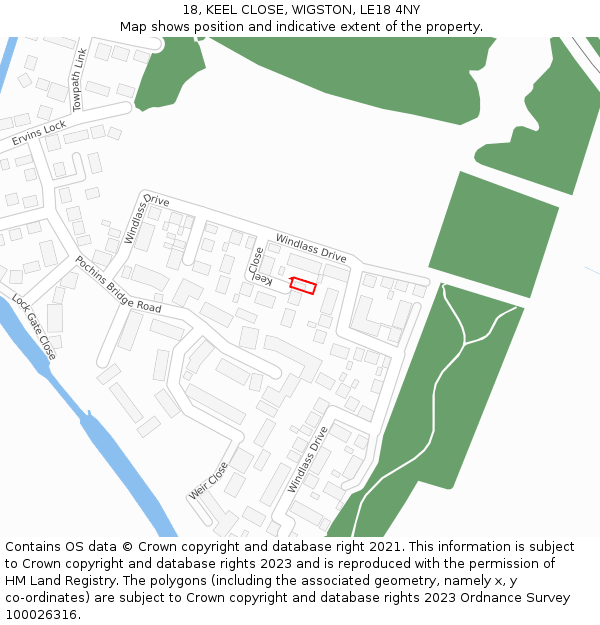 18, KEEL CLOSE, WIGSTON, LE18 4NY: Location map and indicative extent of plot