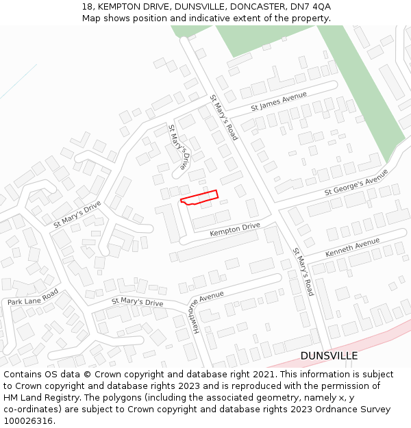 18, KEMPTON DRIVE, DUNSVILLE, DONCASTER, DN7 4QA: Location map and indicative extent of plot