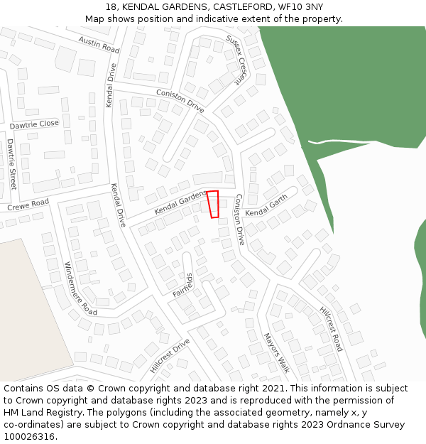 18, KENDAL GARDENS, CASTLEFORD, WF10 3NY: Location map and indicative extent of plot