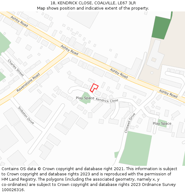18, KENDRICK CLOSE, COALVILLE, LE67 3LR: Location map and indicative extent of plot