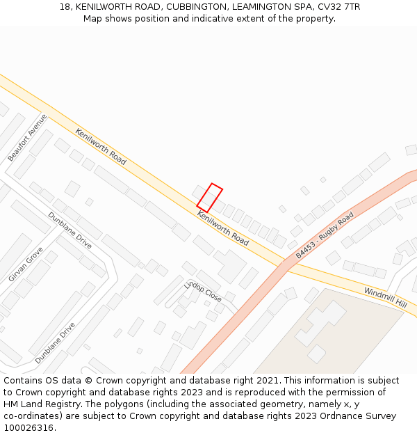 18, KENILWORTH ROAD, CUBBINGTON, LEAMINGTON SPA, CV32 7TR: Location map and indicative extent of plot