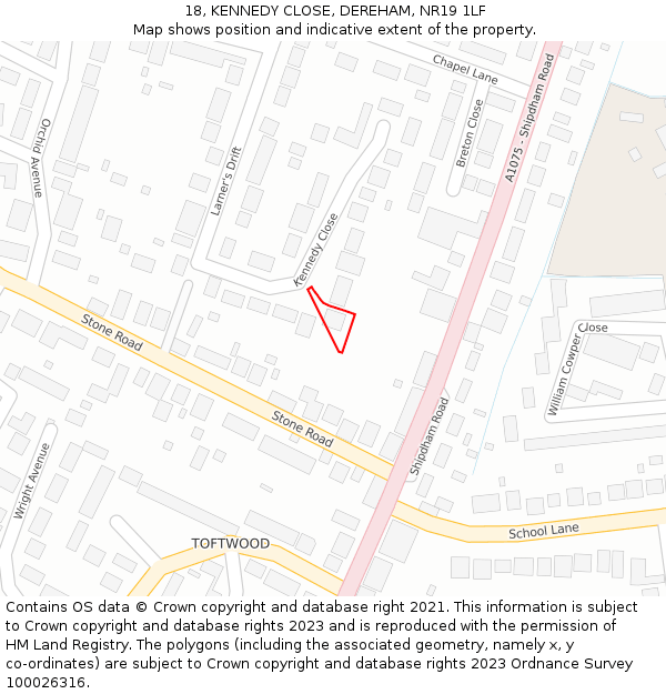 18, KENNEDY CLOSE, DEREHAM, NR19 1LF: Location map and indicative extent of plot
