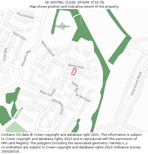 18, KESTREL CLOSE, EPSOM, KT19 7EJ: Location map and indicative extent of plot