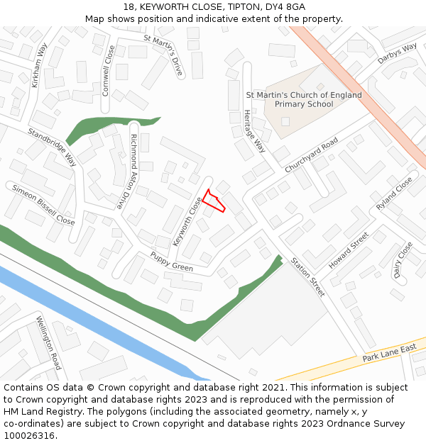 18, KEYWORTH CLOSE, TIPTON, DY4 8GA: Location map and indicative extent of plot