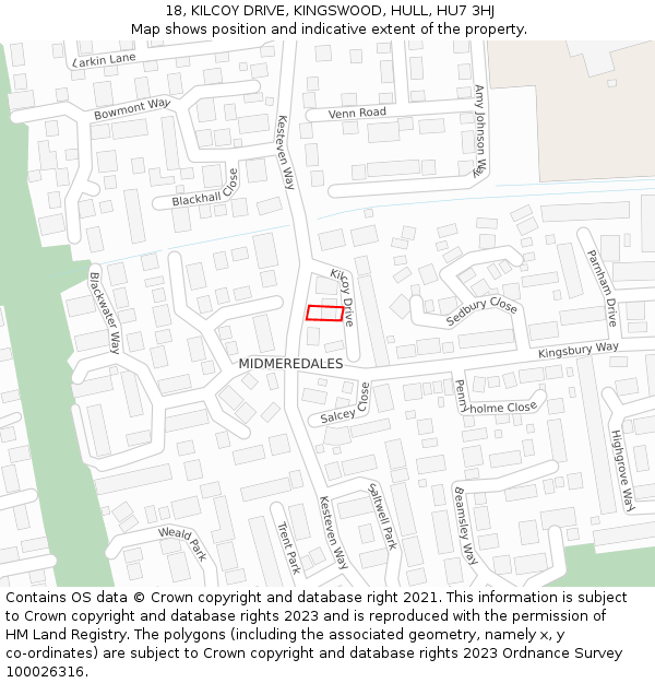 18, KILCOY DRIVE, KINGSWOOD, HULL, HU7 3HJ: Location map and indicative extent of plot