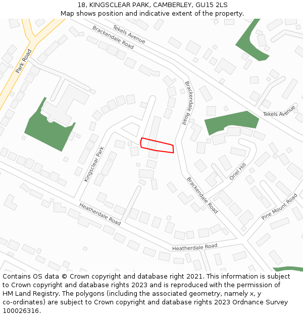 18, KINGSCLEAR PARK, CAMBERLEY, GU15 2LS: Location map and indicative extent of plot