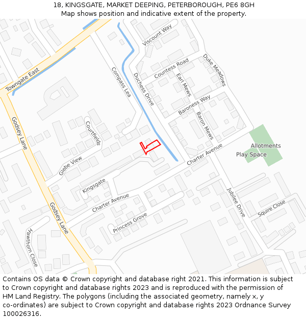 18, KINGSGATE, MARKET DEEPING, PETERBOROUGH, PE6 8GH: Location map and indicative extent of plot