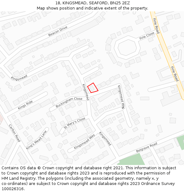 18, KINGSMEAD, SEAFORD, BN25 2EZ: Location map and indicative extent of plot