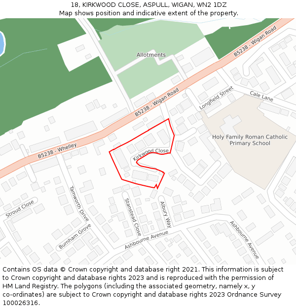 18, KIRKWOOD CLOSE, ASPULL, WIGAN, WN2 1DZ: Location map and indicative extent of plot