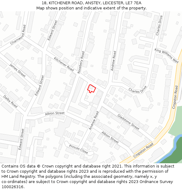 18, KITCHENER ROAD, ANSTEY, LEICESTER, LE7 7EA: Location map and indicative extent of plot