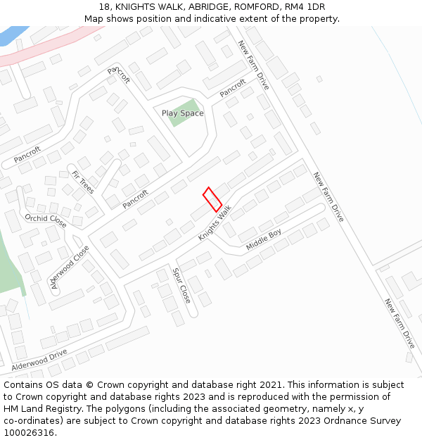 18, KNIGHTS WALK, ABRIDGE, ROMFORD, RM4 1DR: Location map and indicative extent of plot