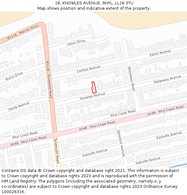 18, KNOWLES AVENUE, RHYL, LL18 3TU: Location map and indicative extent of plot