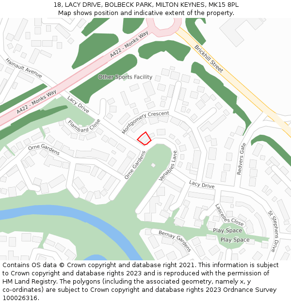 18, LACY DRIVE, BOLBECK PARK, MILTON KEYNES, MK15 8PL: Location map and indicative extent of plot