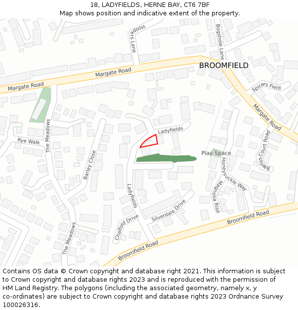 18, LADYFIELDS, HERNE BAY, CT6 7BF: Location map and indicative extent of plot