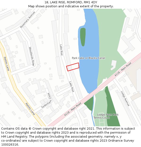 18, LAKE RISE, ROMFORD, RM1 4DY: Location map and indicative extent of plot