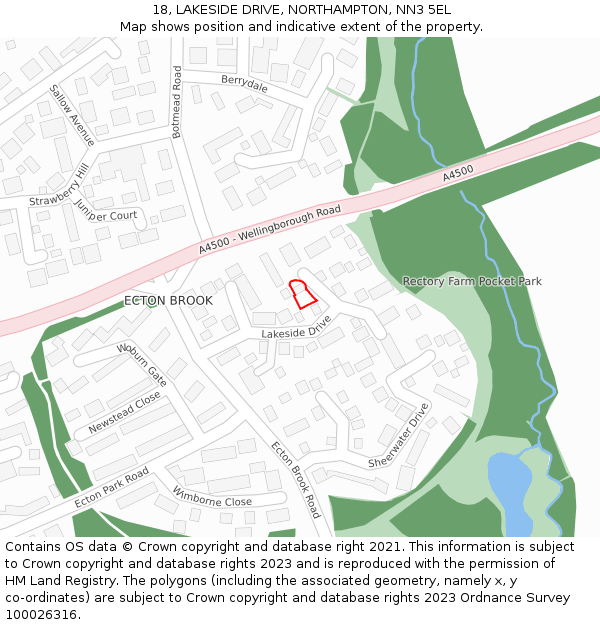 18, LAKESIDE DRIVE, NORTHAMPTON, NN3 5EL: Location map and indicative extent of plot