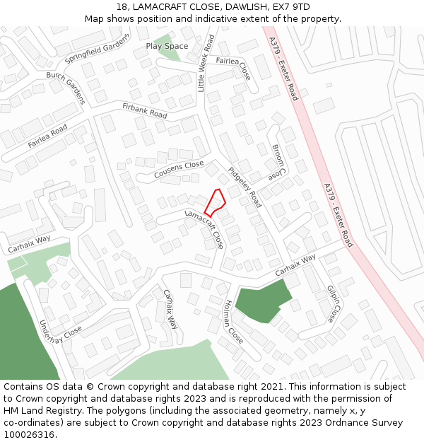 18, LAMACRAFT CLOSE, DAWLISH, EX7 9TD: Location map and indicative extent of plot