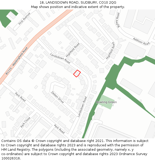 18, LANDSDOWN ROAD, SUDBURY, CO10 2QG: Location map and indicative extent of plot