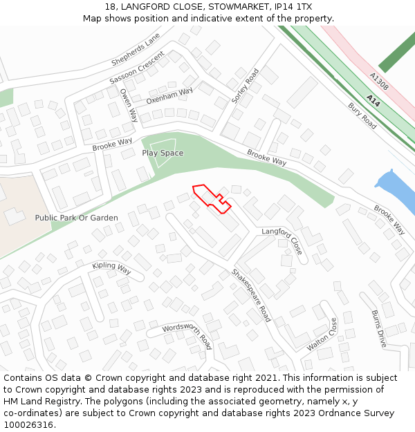 18, LANGFORD CLOSE, STOWMARKET, IP14 1TX: Location map and indicative extent of plot