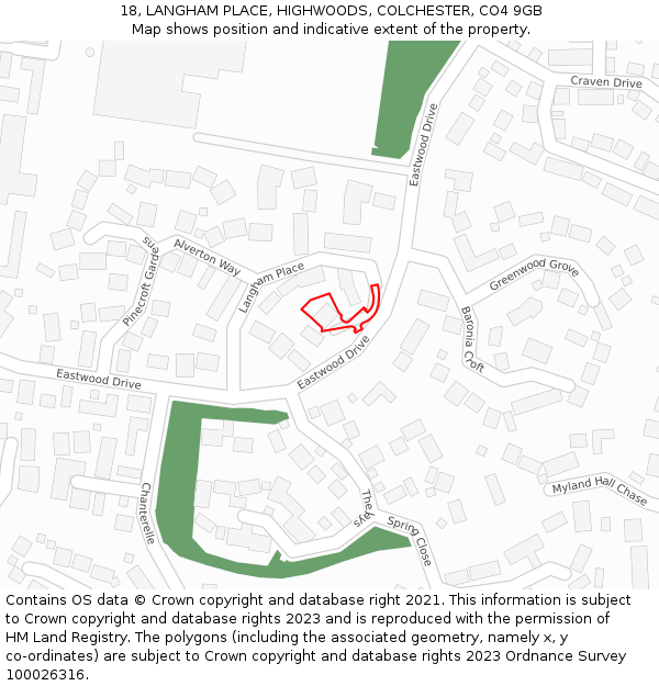 18, LANGHAM PLACE, HIGHWOODS, COLCHESTER, CO4 9GB: Location map and indicative extent of plot