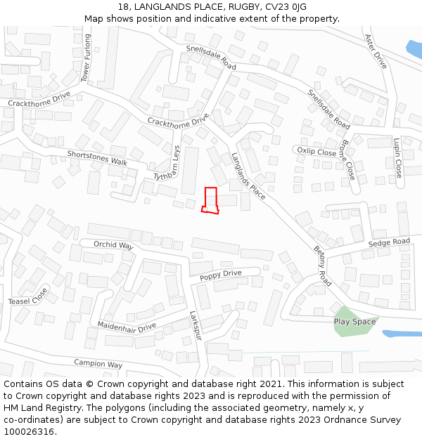 18, LANGLANDS PLACE, RUGBY, CV23 0JG: Location map and indicative extent of plot