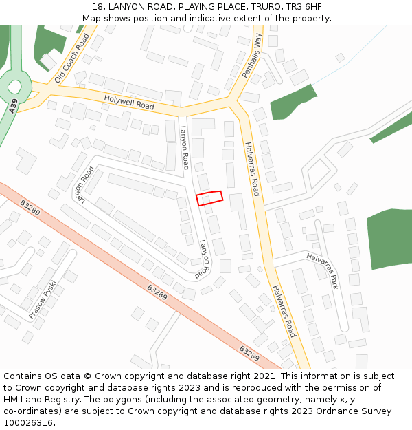 18, LANYON ROAD, PLAYING PLACE, TRURO, TR3 6HF: Location map and indicative extent of plot