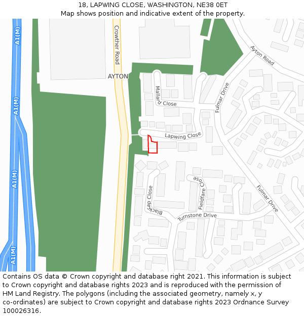 18, LAPWING CLOSE, WASHINGTON, NE38 0ET: Location map and indicative extent of plot