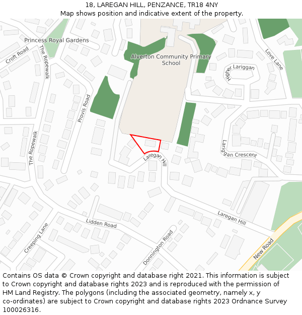 18, LAREGAN HILL, PENZANCE, TR18 4NY: Location map and indicative extent of plot