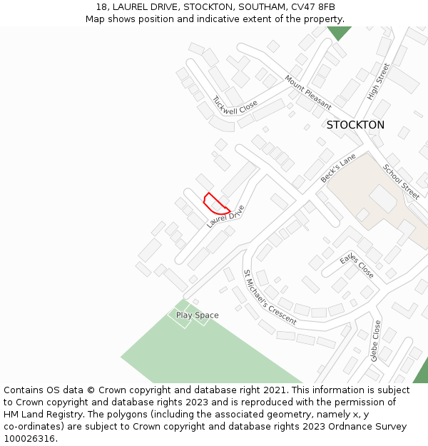 18, LAUREL DRIVE, STOCKTON, SOUTHAM, CV47 8FB: Location map and indicative extent of plot