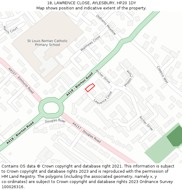 18, LAWRENCE CLOSE, AYLESBURY, HP20 1DY: Location map and indicative extent of plot