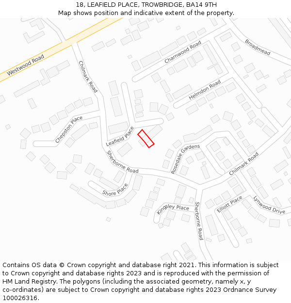 18, LEAFIELD PLACE, TROWBRIDGE, BA14 9TH: Location map and indicative extent of plot